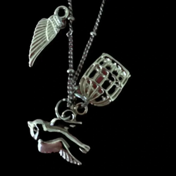 Silvertoned Necklace with multicharm(cage, bird and wing charms) pendant - Picture 3 of 9